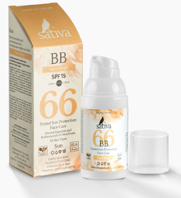 Sativa №66 BB Cream Sand Beige ВВ-Крем ухаживающий солнцезащитный SPF15 с тонирующим эффектом Песочно-Бежевый, 30 мл 1