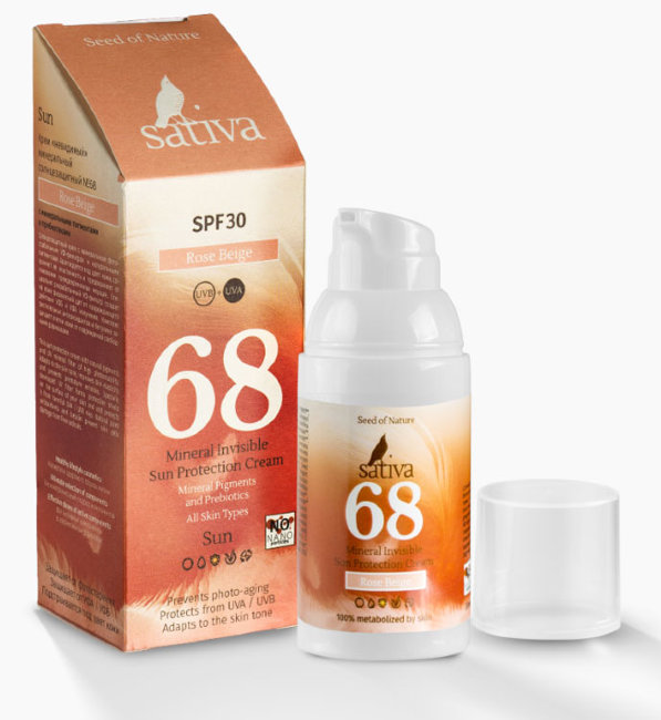 Sativa №68 Rose Beige Крем «невидимый» минеральный солнцезащитный SPF30 Розово-Бежевый, 30 мл Sativa №68 Rose Beige Крем «невидимый» минеральный солнцезащитный SPF30 Розово-Бежевый, 30 мл