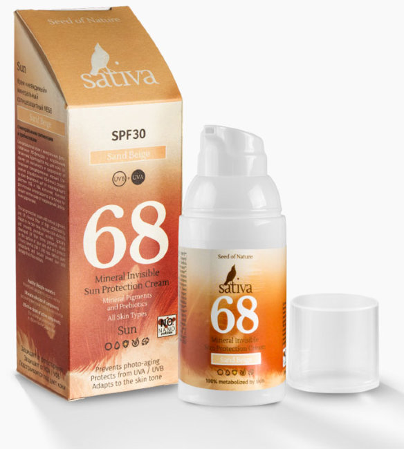 Sativa №68 Sand Beige Крем «невидимый» минеральный солнцезащитный SPF30 Песочно-Бежевый, 30 мл Sativa №68 Sand Beige Крем «невидимый» минеральный солнцезащитный SPF30 Песочно-Бежевый, 30 мл