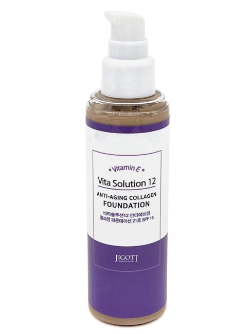 Jigott Тональный крем для лица с коллагеном и витамином E тон 21 Vita Solution 12 Anti-Aging Collagen Foundation # 21, 100 мл