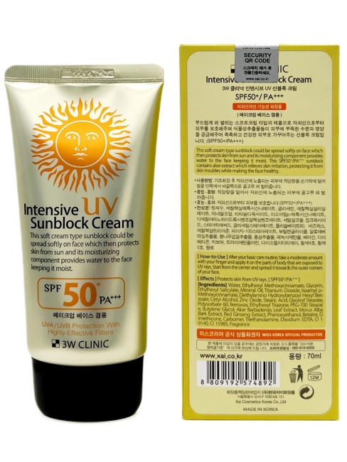 3W Clinic Солнцезащитный крем для лица интенсивный Intensive UV Sun Block Cream SPF50+/PA+++, 70 мл