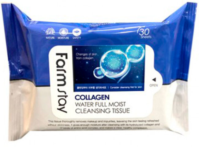 FarmStay Collagen Water Full Moist Cleansing Tissue Очищающие увлажняющие салфетки, 30 шт