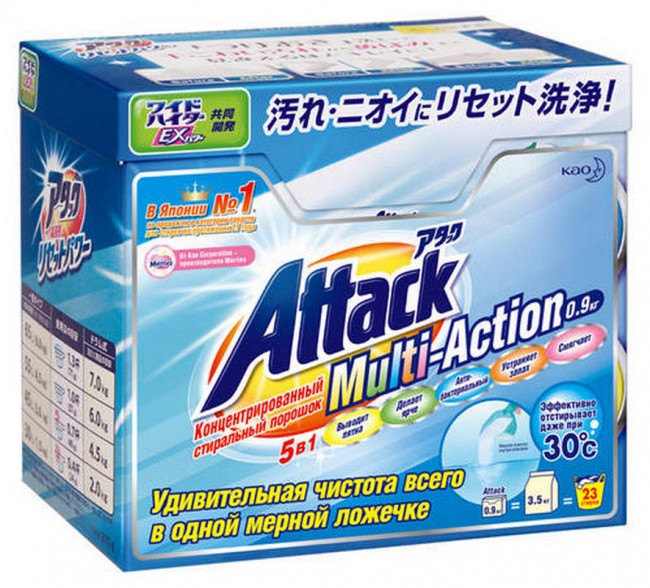 Kao Attack Multi-Action Концентрированный универсальный стиральный порошок с активным кислородным пятновыводителем и кондиционером, 900 г Kao Attack Multi-Action Концентрированный универсальный стиральный порошок с активным кислородным пятновыводителем и кондиционером, 900 г