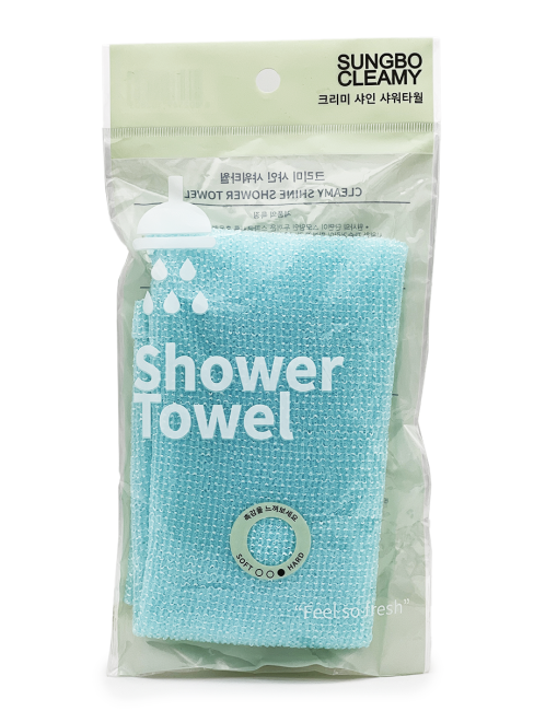 Sungbo Cleamy Мочалка для тела с плетением «Гофре» жёсткая голубая Cleamy Shine Shower Towel 20х95 см, 1 шт