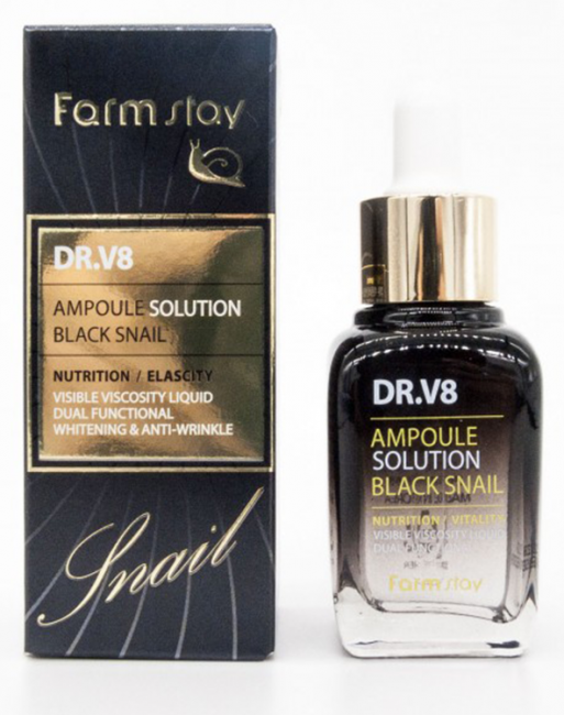FarmStay DR-V8 Ampoule Solution Black Snail Ампульная сыворотка  с муцином черной улитки, 30 мл