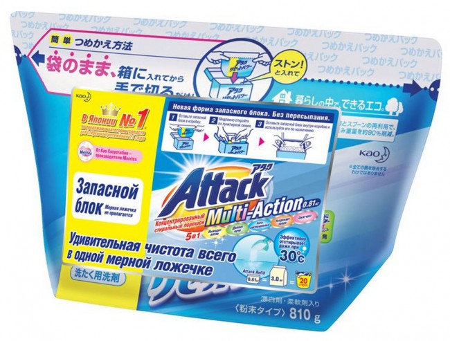 Kao Attack Multi-Action Концентрированный универсальный стиральный порошок с активным кислородным пятновыводителем и кондиционером (запасной блок), 810 г Kao Attack Multi-Action Концентрированный универсальный стиральный порошок с активным кислородным пятновыводителем и кондиционером (запасной блок), 810 г