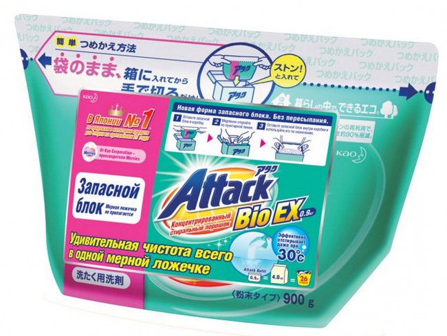 Kao Attack BioEX Концентрированный универсальный стиральный порошок (сменный блок), 900 г Kao Attack BioEX Концентрированный универсальный стиральный порошок (сменный блок), 900 г