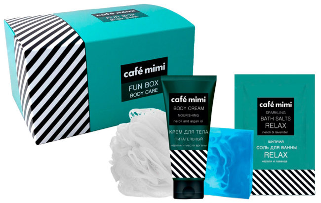 Кафе красоты Le Cafe Mimi Подарочный набор для ухода за телом "Fun Box", 100 мл + 100 г + 100 г + мочалка