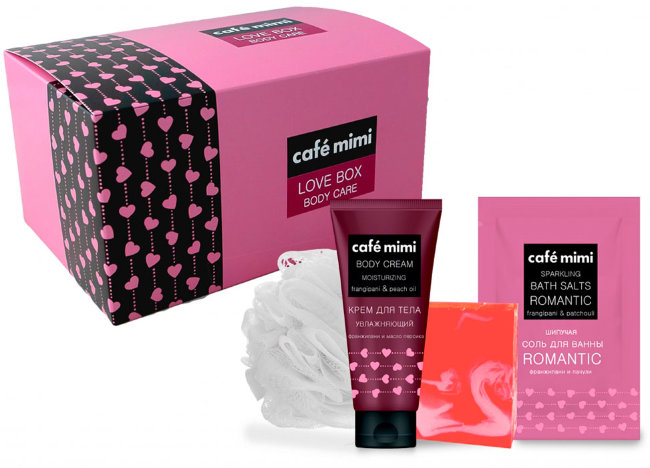 Кафе красоты Le Cafe Mimi Подарочный набор для ухода за телом "Love Box", 100 мл + 100 г + 100 г + мочалка