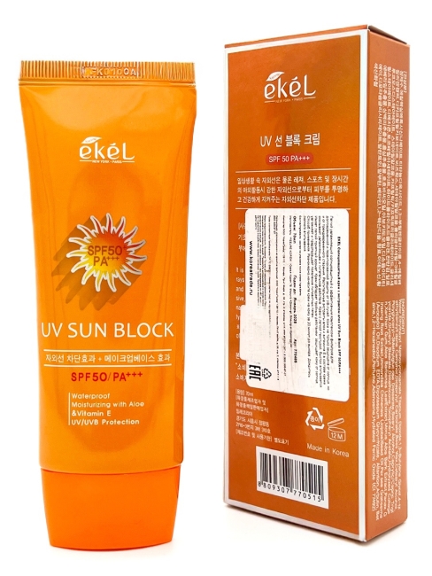 Ekel Солнцезащитный крем для лица водостойкий с экстрактом Алоэ и витамином E UV Sun Block Waterproof Moisturizing With Aloe & Vitamin E UV/UVB Protection SPF 50/PA+++, 70 мл