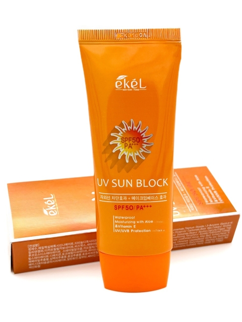 Ekel Солнцезащитный крем для лица водостойкий с экстрактом Алоэ и витамином E UV Sun Block Waterproof Moisturizing With Aloe & Vitamin E UV/UVB Protection SPF 50/PA+++, 70 мл