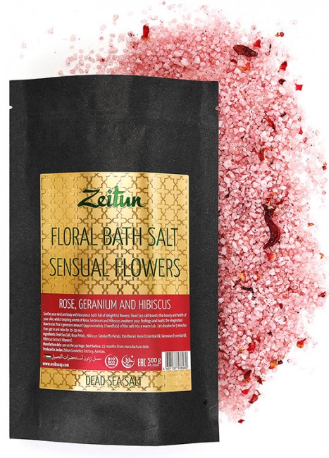 Zeitun Цветочная соль для ванн "Волнующие цветы" с розой, геранью и гибискусом, 500 г