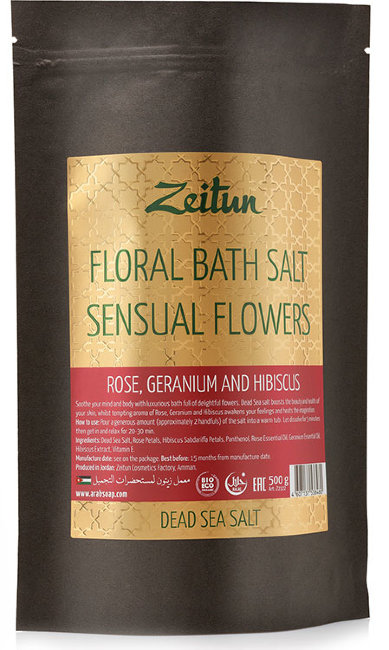 Zeitun Цветочная соль для ванн "Волнующие цветы" с розой, геранью и гибискусом, 500 г