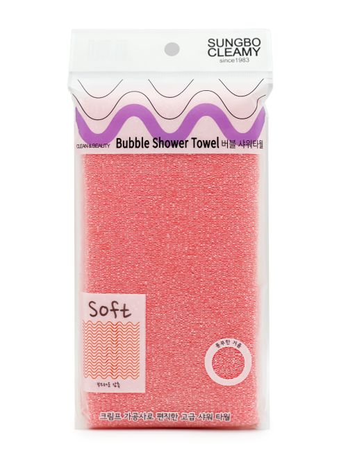 Sungbo Cleamy Мочалка для тела с плетением Сетка и текстурными нитями средней жесткости розовая Bubble Shower Towel 28х100 см, 1 шт