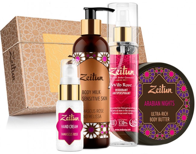 Zeitun Набор "Дамасская роза" премиальный, Крем-масло 200 мл, Крем для рук 30 мл, Дезодорант 150 мл, Молочко 250 мл