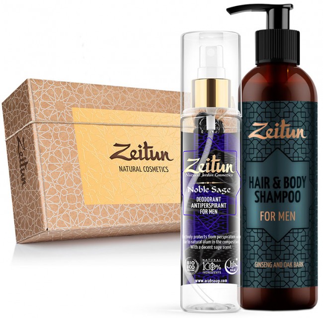 Zeitun Подарочный набор "Мужской" фито-шампунь и гель для душа "2 в 1" 250 мл, дезодорант Шалфей 150 мл