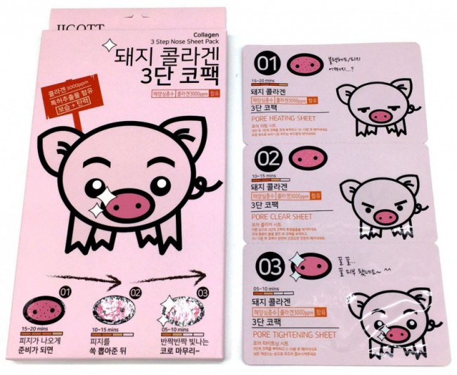 Jigott Collagen 3 Step Nose Sheet Pack 3х шаговая маска для очищения пор носа с коллагеном