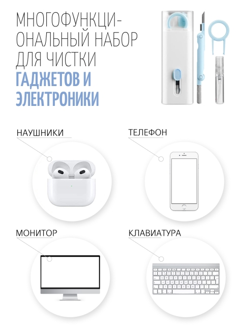 Щетка для чистки наушников, телефона и клавиатуры 7 в 1 голубая Щетка для чистки наушников, телефона и клавиатуры 7 в 1 голубая