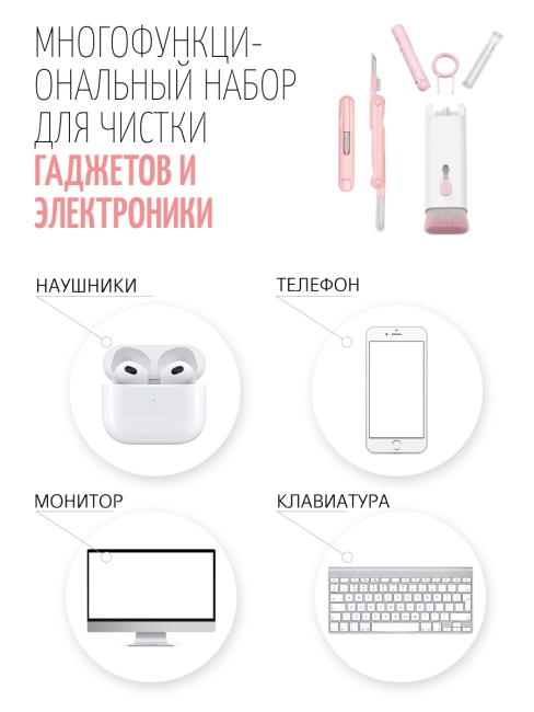 Набор для чистки гаджетов 7 в 1 розовый Набор для чистки гаджетов 7 в 1 розовый