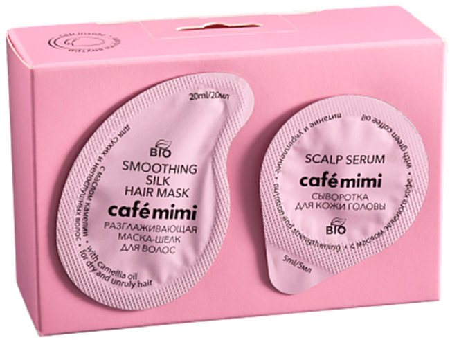Кафе Красоты le Cafe Mimi Маска 2в1 Разглаживающая маска-шелк для сухих и непослушных волос с маслом камелии, 15 мл + 5 мл + шапочка