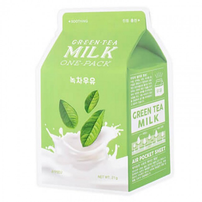 A'PIEU Green Tea Milk One-Pack Успокаивающая маска с экстрактом зеленого чая и гамамелиса, 21 г