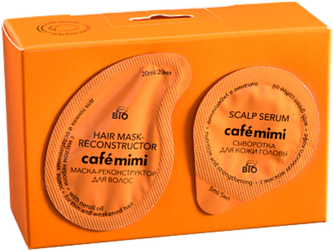 Кафе Красоты le Cafe Mimi Маска 2в1 Маска-реконструктор для тонких и ослабленных волос с маслом нероли, 15 мл + 5 мл + шапочка Кафе Красоты le Cafe Mimi Маска 2в1 Маска-реконструктор для тонких и ослабленных волос с маслом нероли, 15 мл + 5 мл + шапочка