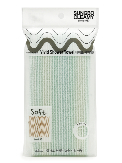 Sungbo Cleamy Мочалка для тела с объёмными нитями мягкая Зелено-голубая Vivid Shower Towel Green 20х100 см, 1 шт