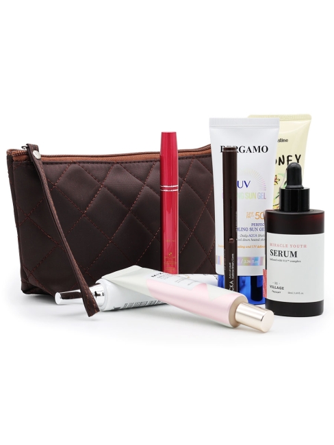 Косметичка женская дорожная стеганая коричневая, 22 x 13 см