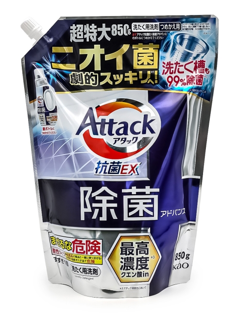 KAO Гель концентрат для стирки антибактериальный с ферментами Attack Disinfectant Advanced Refill, 850 г