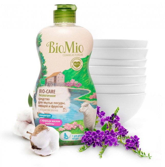 BioMio Средство для посуды, овощей и фруктов с маслом вербены, экстрактом хлопка и ионами серебра, 450 мл.