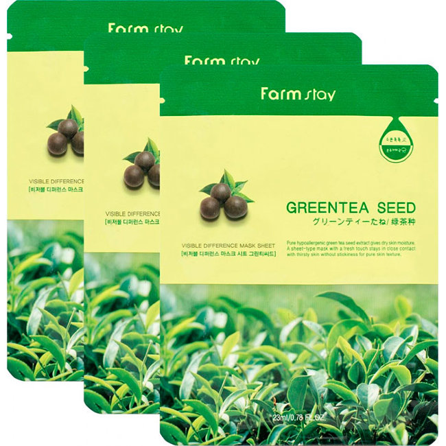 FarmStay Visible Difference Mask Sheet Greentea Seed Набор: Тканевая маска для лица с экстрактом семян зеленого чая, 3 шт по 23 г