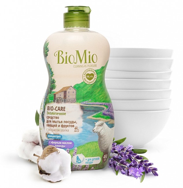 BioMio Средство для посуды, овощей и фруктов с маслом лаванды, экстрактом хлопка и ионами серебра, 450 мл.
