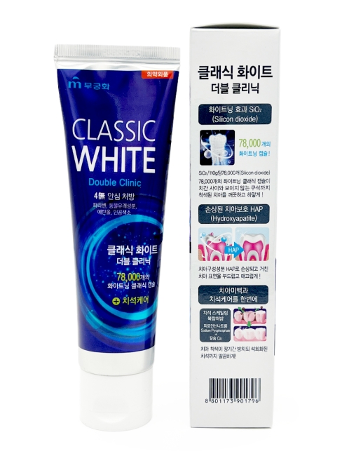 Mukunghwa Зубная паста с микрогранулами отбеливающая двойного действия мятная Classic White Double Clinic, 110 г Mukunghwa Зубная паста с микрогранулами отбеливающая двойного действия мятная Classic White Double Clinic, 110 г