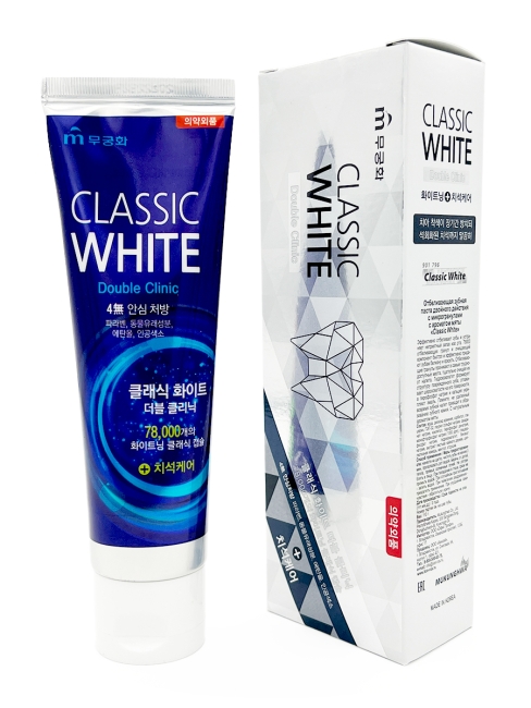 Mukunghwa Зубная паста с микрогранулами отбеливающая двойного действия мятная Classic White Double Clinic, 110 г Mukunghwa Зубная паста с микрогранулами отбеливающая двойного действия мятная Classic White Double Clinic, 110 г