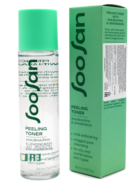 SOOSAN Мягкий отшелушивающий тонер с кислотами и экстрактом лемонграсса Peeling Toner With AHA/BHA/PHA & Lemongrass, 150 мл