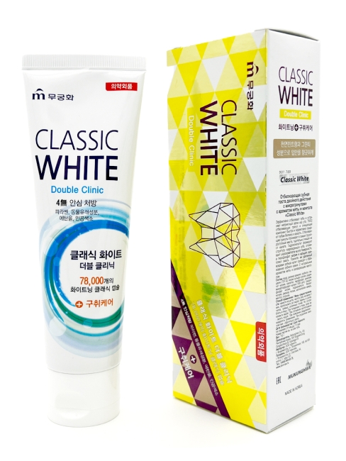 Mukunghwa Зубная паста отбеливающая двойного действия с микрогранулами мята-ментол Classic White Double Clinic, 110 г
