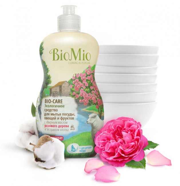 BioMio Средство для посуды, овощей и фруктов с эфирным Маслом розы, экстрактом хлопка и ионами серебра, 450 мл.