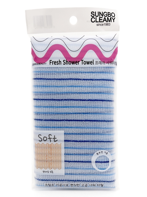 Sungbo Cleamy Мочалка для тела с плетением «Волна» полосатая мягкая Голубая Fresh Shower Towel 28х100 см, 1 шт
