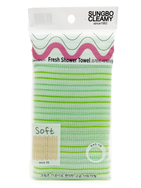 Sungbo Cleamy Мочалка для тела с плетением «Волна» полосатая мягкая Зеленая Fresh Shower Towel 28х100 см, 1 шт