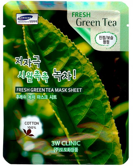 3W Clinic Fresh Green Tea Mask Sheet Увлажняющая тканевая маска с экстрактом зеленого чая, 23 мл