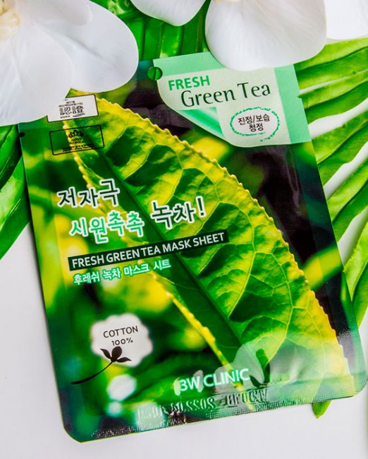 3W Clinic Fresh Green Tea Mask Sheet Увлажняющая тканевая маска с экстрактом зеленого чая, 23 мл