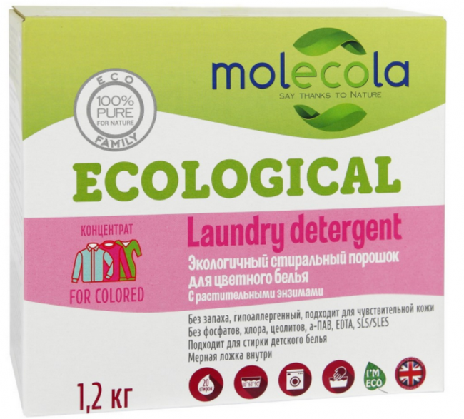 Molecola Стиральный порошок для Цветного белья с растительными энзимами, 1,2 кг Molecola Стиральный порошок для Цветного белья с растительными энзимами, 1,2 кг
