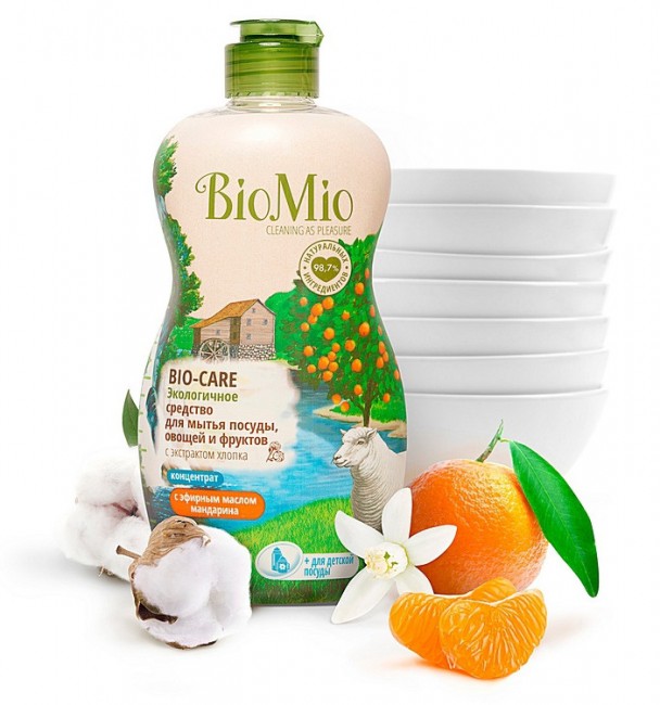 BioMio Средство для посуды, овощей и фруктов с эфирным маслом Мандарина и экстрактом Хлопка 450 мл