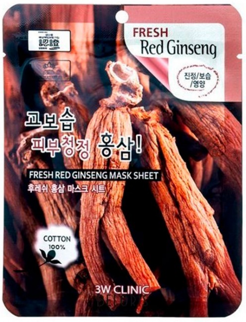 3W Clinic Тканевая маска для лица с экстрактом корня красного женьшеня Fresh Red Ginseng Mask Sheet, 23 мл
