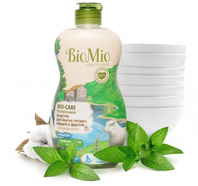 BioMio Средство для посуды, овощей и фруктов с эфирным маслом Мяты и экстрактом Хлопка 450 мл