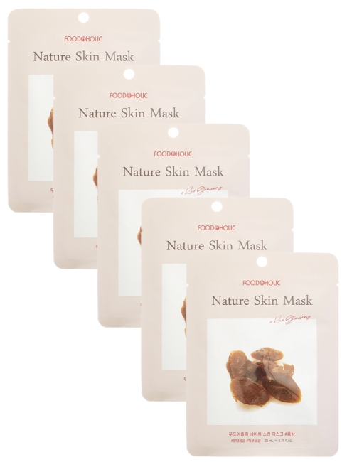 FoodaHolic Маска для лица тканевая с эссенцией Красного Женьшеня Red Ginseng Natural Essence 3D Mask, 5 шт. х 23 г