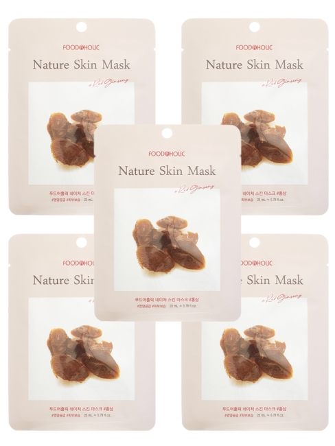 FoodaHolic Маска для лица тканевая с эссенцией Красного Женьшеня Red Ginseng Natural Essence 3D Mask, 5 шт. х 23 г
