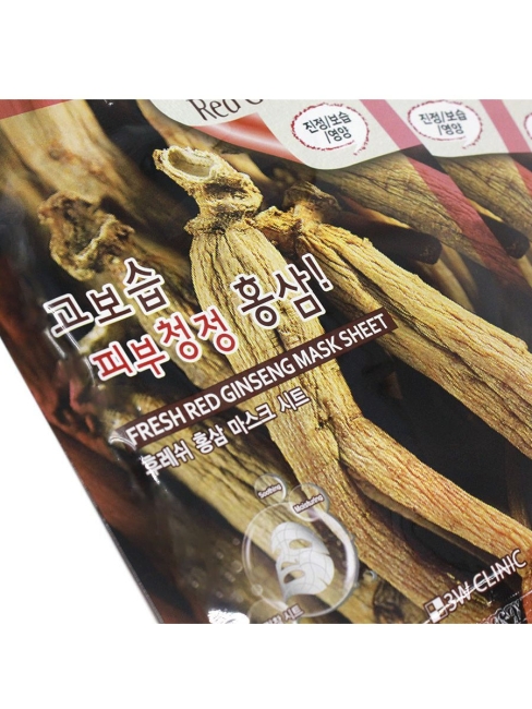3W CLINIC Комплект тканевых масок для лица с экстрактом красного женьшеня Fresh Red Ginseng Mask Sheet, 10*23 г