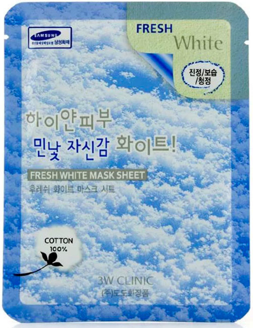 3W Clinic Fresh White Mask Sheet Осветляющая тканевая маска для лица с растительным экстрактами, 23 мл