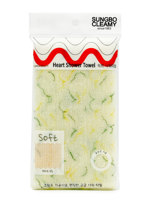 Sungbo Cleamy Мочалка для тела с плетением Сетка и рисунком средней жесткости Желто-зеленая Heart Shower Towel Yellow Green 28х95 см, 1 шт Sungbo Cleamy Мочалка для тела с плетением Сетка и рисунком средней жесткости Желто-зеленая Heart Shower Towel Yellow Green 28х95 см, 1 шт